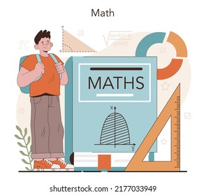 Math school subject. Students studying mathematics and algebra. Science, technology, engineering education. Idea of modern academic knowledge. Flat vector illustration