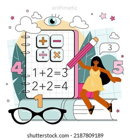 Math school subject. Students studying arithmetics, algebra and geometry. Science, technology, engineering education. Idea of modern academic knowledge. Flat vector illustration