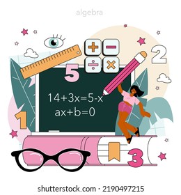 Math school subject. Students studying arithmetics, algebra and geometry. Science, technology, engineering education. Idea of modern academic knowledge. Flat vector illustration