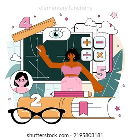 Math school subject. Students studying arithmetics, algebra and geometry. Science, technology, engineering education. Idea of modern academic knowledge. Flat vector illustration