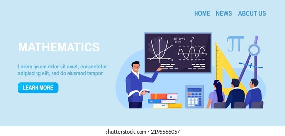 Math school subject. Students studying mathematics in classroom. Teacher pointing at chalkboard, teaching kids. Children at desks learn maths, arithmetics, algebra and geometry. Education, knowledge