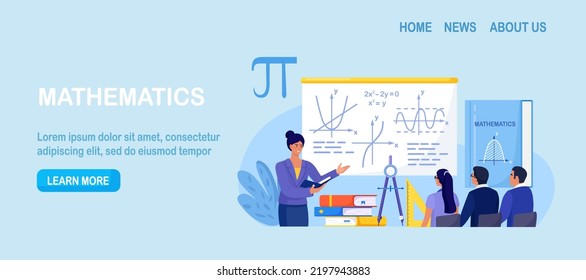 Math school subject. Students studying mathematics in classroom. Teacher pointing at chalkboard, teaching kids. People learn maths, arithmetics, algebra and geometry in college. Education, knowledge