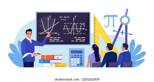 Math school subject. Students studying mathematics in classroom. Teacher pointing at chalkboard, teaching kids. Children at desks learn maths, arithmetics, algebra and geometry. Education, knowledge