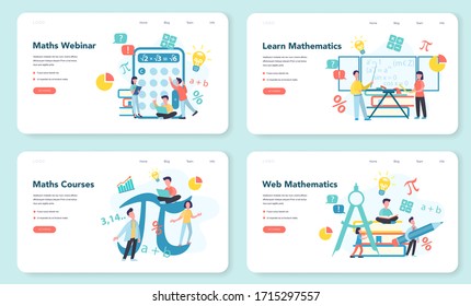 Math school subject web banner or landing page set. Learning mathematics, idea of education and knowledge. Science, technology, engineering, mathematics education. Isolated flat vector illustration