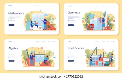 Math school subject web banner or landing page set. Learning mathematics, idea of education and knowledge. Science, technology, engineering, mathematics education. Isolated flat vector illustration