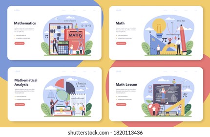 Math school subject web banner or landing page set. Learning mathematics, idea of education and knowledge. Science, technology, engineering, mathematics education. Isolated flat vector illustration
