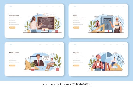 Math school subject web banner or landing page set. Students studying mathematics and algebra. Science, technology, engineering education. Idea of modern academic knowledge. Flat vector illustration