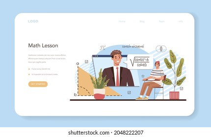 Math school subject web banner or landing page. Students studying mathematics and algebra. Science, technology, engineering education. Idea of modern academic knowledge. Flat vector illustration