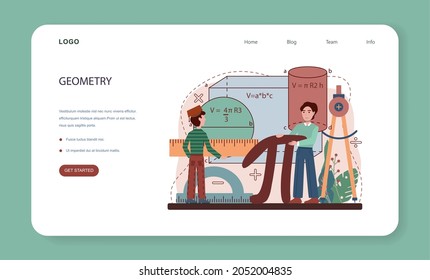 Math school subject web banner or landing page. Students studying geometry. Science, technology, engineering education. Idea of modern academic knowledge. Flat vector illustration