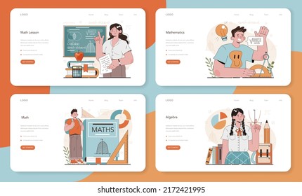 Math School Subject Web Banner Or Landing Page Set. Students Studying Mathematics And Algebra. Science, Technology, Engineering Education. Idea Of Modern Academic Knowledge. Flat Vector Illustration