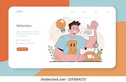 Math school subject web banner or landing page. Students studying mathematics and algebra. Science, technology, engineering education. Idea of modern academic knowledge. Flat vector illustration