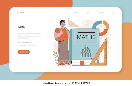 Math school subject web banner or landing page. Students studying mathematics and algebra. Science, technology, engineering education. Idea of modern academic knowledge. Flat vector illustration