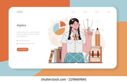 Banner web de asignatura de matemáticas o página de inicio. Estudiantes estudiando matemáticas y álgebra. Ciencia, tecnología, educación en ingeniería. Idea del conocimiento académico moderno. Ilustración vectorial plana