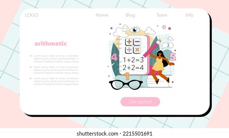 Math school subject web banner or landing page. Students studying arithmetics, algebra and geometry. Idea of modern academic knowledge. Flat vector illustration