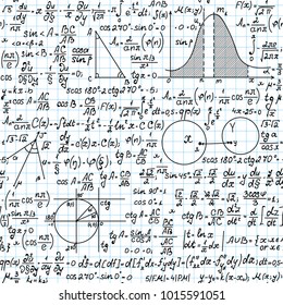 Math school vector seamless pattern with handwritten geometrical figures, equations and formulas, "handwritings on a grid copybook paper"