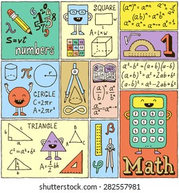 Math Science Banners set. Color Hand Drawn Vector Illustrations.