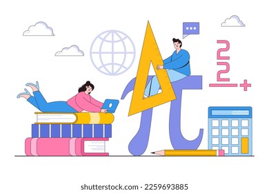 Math science concept with characters. People gaining education. Outline design style minimal vector illustration for landing page, web banner, infographics, hero images.
