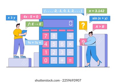 Math science concept with characters. People gaining education. Outline design style minimal vector illustration for landing page, web banner, infographics, hero images.