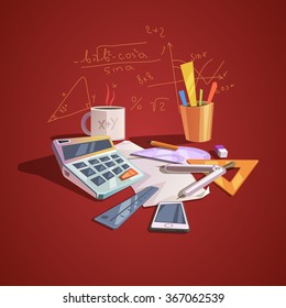 Math science concept with school lesson items in retro cartoon style vector illustration