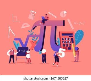 Math Science Concept. Tiny Male and Female Students Characters in Lab or School Class Learning Mathematics at Huge Sign Pi. People Gaining Education and Writing Formulas. Cartoon Vector Illustration