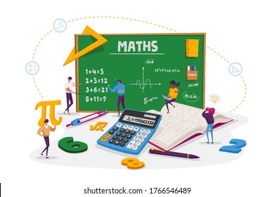 Math Science Concept. Tiny Male and Female Students Characters in Lab or School Class Learning Mathematics at Huge Blackboard. People Gaining Education and Writing Formula. Cartoon Vector Illustration