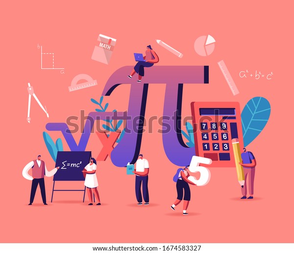 Math Science Concept. Tiny Male and Female\
Students Characters in Lab or School Class Learning Mathematics at\
Huge Sign Pi. People Gaining Education and Writing Formulas.\
Cartoon Vector\
Illustration