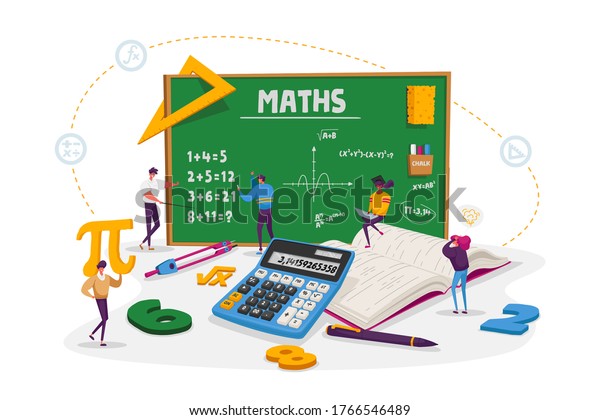 Math Science Concept. Tiny Male and Female\
Students Characters in Lab or School Class Learning Mathematics at\
Huge Blackboard. People Gaining Education and Writing Formula.\
Cartoon Vector\
Illustration