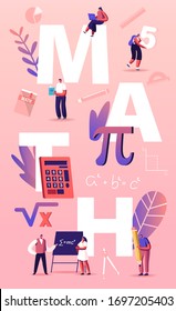 Math Science Concept. Tiny Students Characters in Lab or School Class Learning Mathematics at Huge Sign Pi. People Gaining Education and Writing Formula Poster Banner Flyer Cartoon Vector Illustration