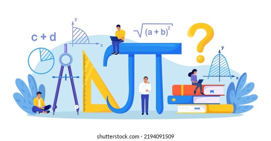 Math Science Concept. Tiny Students Characters in Lab or School Class Learning Mathematics. People Studying Arithmetics, Algebra. Science, Engineering Education. Maths Analysis, Conjecture Computing