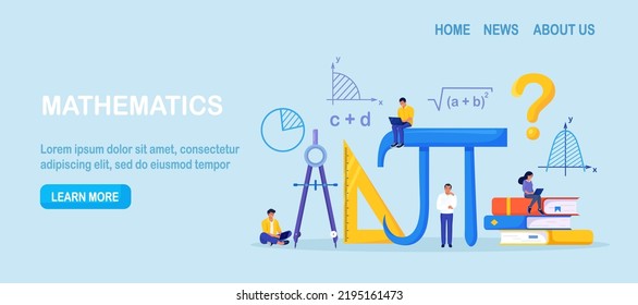 Math Science Concept. Tiny Students Characters in Lab or School Class Learning Mathematics. People Studying Arithmetics, Algebra. Science, Engineering Education. Maths Analysis, Conjecture Computing