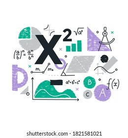 Math. Science & Education Abstract Background With Popular Math-related Symbols, Formulas & Graphics. Vector Composition
