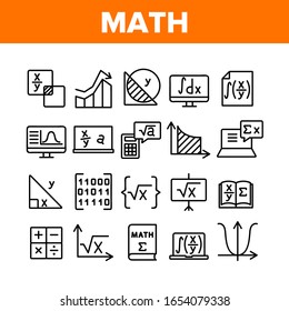 Math Science Education Collection Icons Set Vector. Math Formula And Function, Geometry Figure And Binary Code, Calculator And Book Concept Linear Pictograms. Monochrome Contour Illustrations