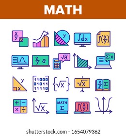 Math Science Education Collection Icons Set Vector. Math Formula And Function, Geometry Figure And Binary Code, Calculator And Book Concept Linear Pictograms. Color Illustrations