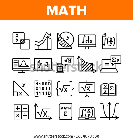 Math Science Education Collection Icons Set Vector. Math Formula And Function, Geometry Figure And Binary Code, Calculator And Book Concept Linear Pictograms. Monochrome Contour Illustrations
