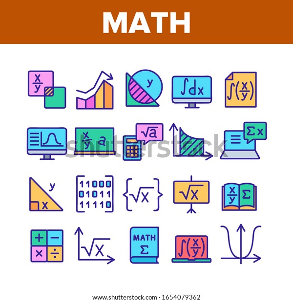 数学科学教育コレクションのアイコンセットベクター画像 数式と関数 図形とバイナリコード 計算機とブックのコンセプトの線形ピクトグラム カラーイラスト のベクター画像素材 ロイヤリティフリー