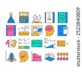 math science education school icons set vector. physics formula, equation mathematics, technology student algebra study geometry math science education school color Contour Illustrations