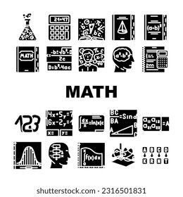 math science education school icons set vector. physics formula, equation mathematics, technology student algebra study geometry math science education school glyph pictogram Illustrations