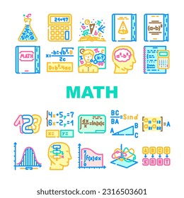 math science education school icons set vector. physics formula, equation mathematics, technology student algebra study geometry math science education school color line illustrations