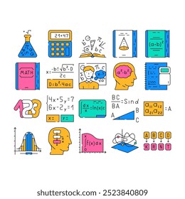 math science education school icons set vector. physics formula, equation mathematics, technology student algebra study geometry math science education school color Contour Illustrations