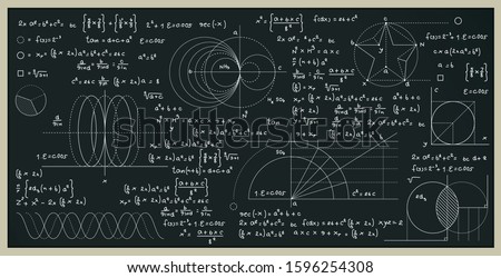 Math and science formulas with numbers on the blackboard.