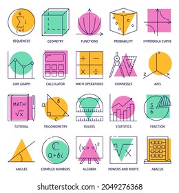 Icono de ciencias matemáticas establecido en estilo de línea. Colección de símbolos matemáticos. Ilustración vectorial.