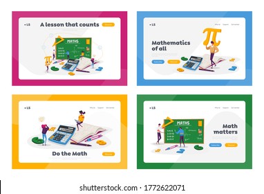 Math Science Landing Page Template Set. Tiny Student Characters in Lab or School Class Learning Mathematics at Huge Blackboard. People Gaining Education and Write Formula. Cartoon Vector Illustration
