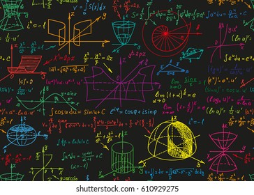 Math science vector seamless pattern with handwritten formulas on the black chalkboard for the background.
