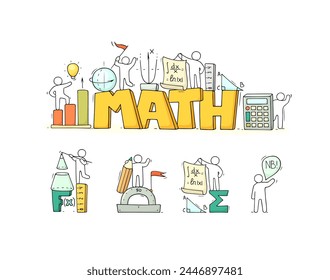 Math sciences education in school. Doodle icons with formulas, algebra symbols, geometry graph. People learning mathematics with rulers, pencils and calculator, vector hand drawn illustration