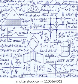 Math scientific educational vector seamless texture, mathematics background with handwritten formulas