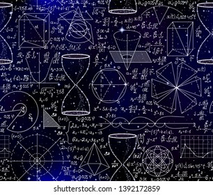 Math scientific seamless background with handwritten formulas, figures and calculations over space stars