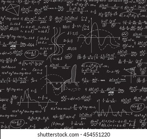 Math scientific vector endless seamless pattern with formulas, plots and equations, "chalk on blackboard" effect
