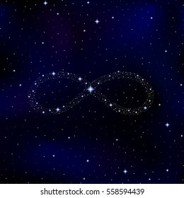 Math scientific vector illustration with infinity sign made of stars on night starry space background