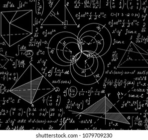 Math scientific vector seamless background with handwritten mathematical figures, formulas and calculations