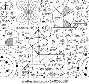 Math scientific vector seamless background with handwritten formulas, calculations and figures